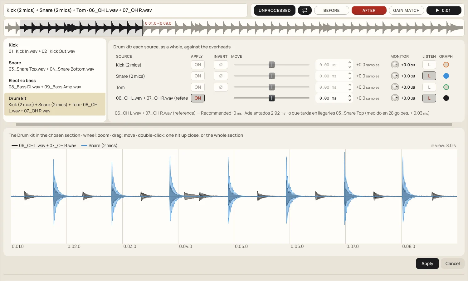The Drum kit in the Align window: one row per source (kick, snare, tom) and the overheads as reference, with ON, Ø, Move, Monitor, Listen and Graph; below, one waveform of the whole kit