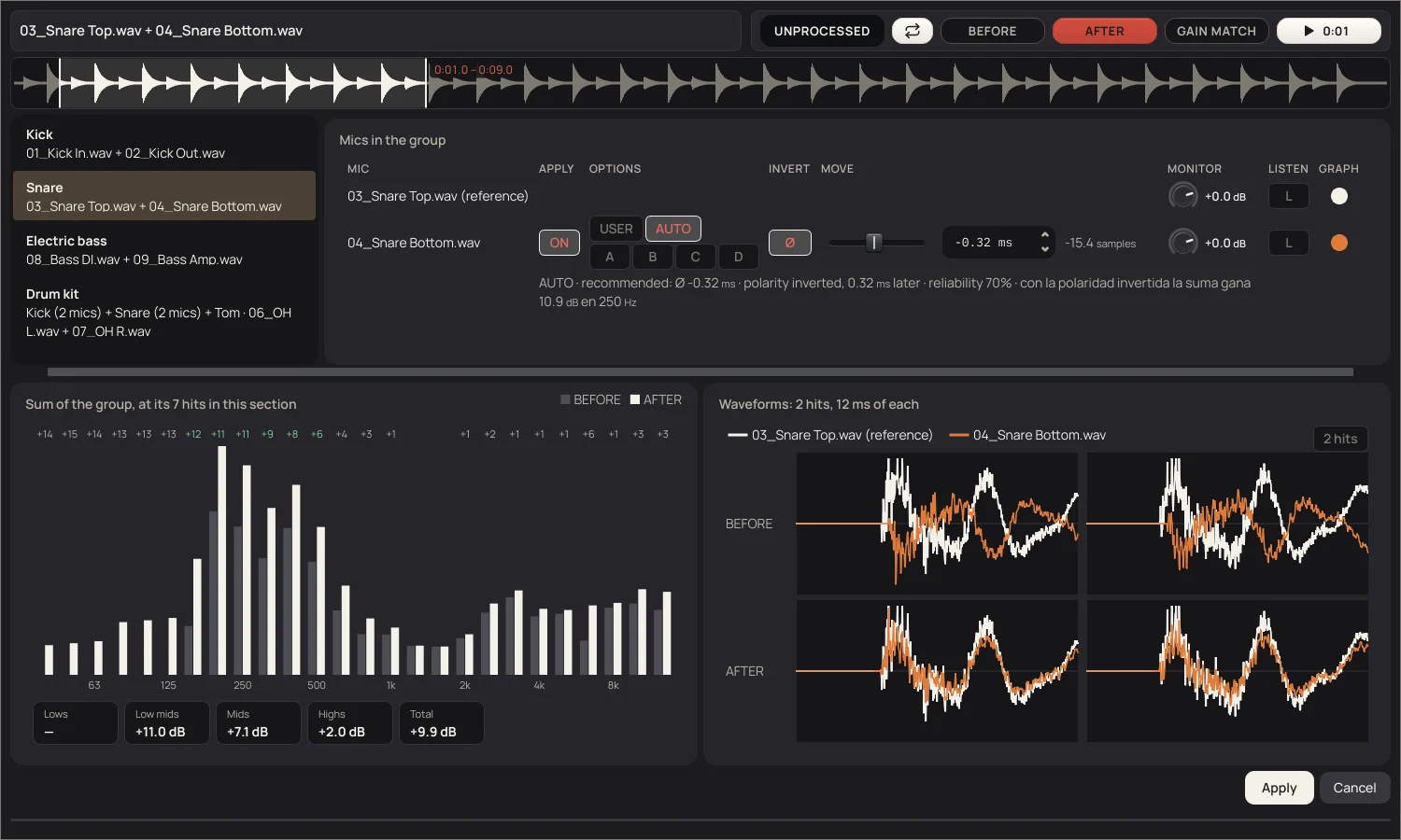 The Align window on a snare group: the bottom mic with ON, USER and AUTO, Ø lit and −0.32 ms; below, the sum by bands BEFORE and AFTER, the zones Lows, Low mids, Mids, Highs and Total, and two hits as waveforms