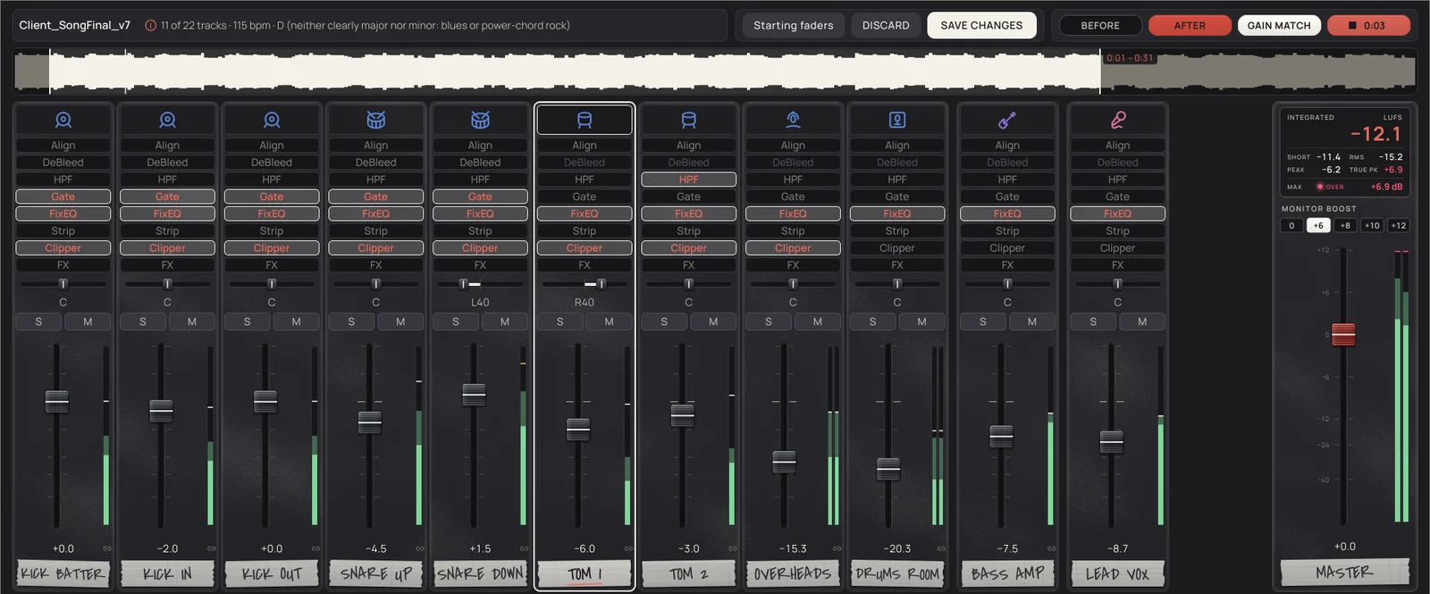 The miniMix: eleven channels with faders, process buttons and channel names written on masking tape, a master with loudness readings, and the song with the section that loops