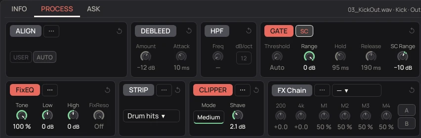 The PROCESS cards of a kick out mic, with the FixEQ card at the bottom left: Tone 100 %, Low 0 dB, High 0 dB and FixReso Off