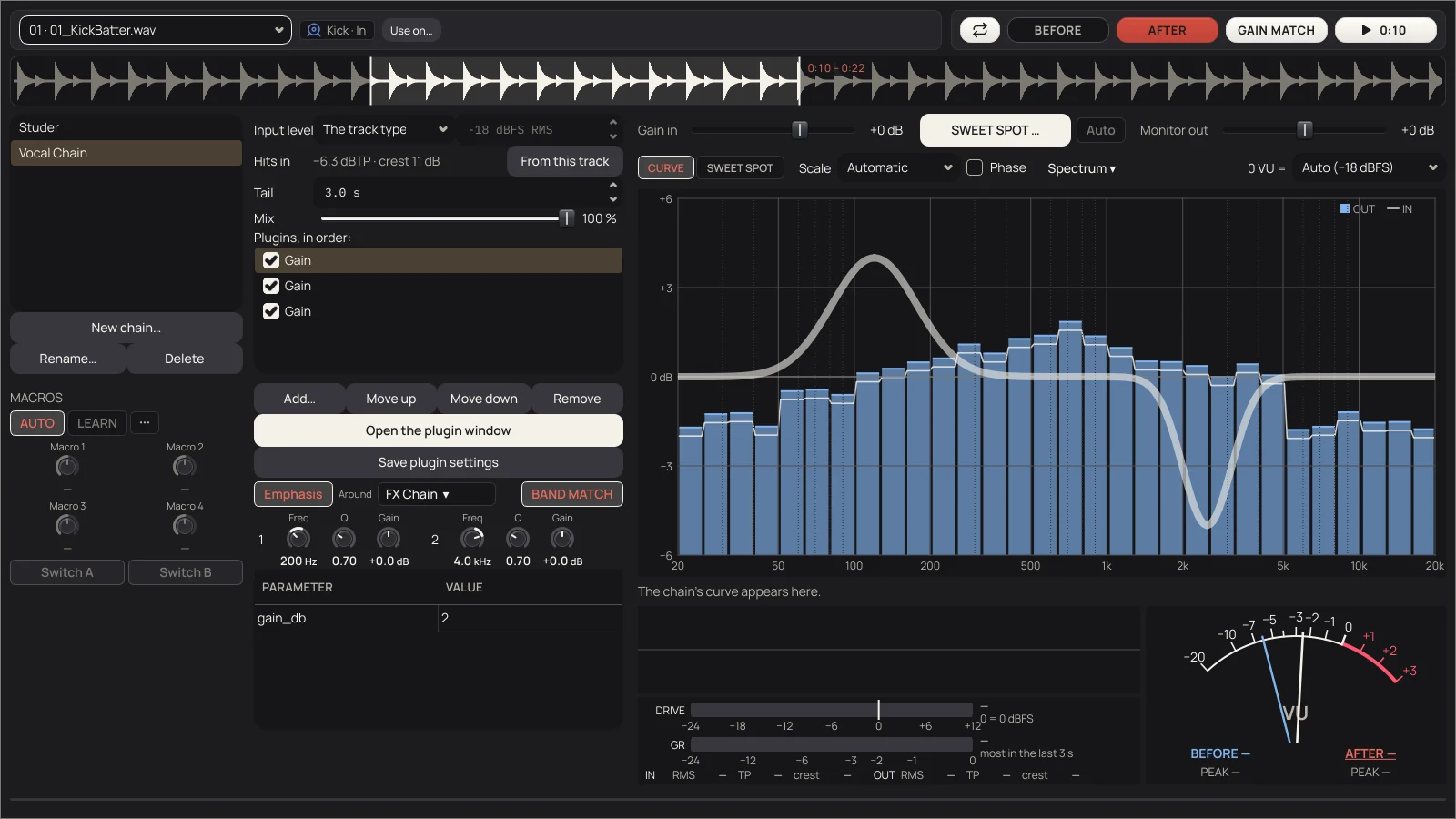 The FX Chains window: the list of chains and Macros on the left; Input level, Hits in, Tail, Mix, the plugins of the chain, Emphasis with two bands; on the right, Gain in and Monitor out, CURVE and SWEET SPOT, the curve of the chain over the spectrum, and the DRIVE, GR and VU meters