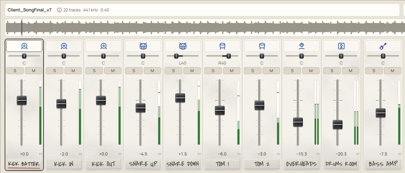 The Rough mix: the song across the top and a row of channels, kick, snare, toms, overheads, room and bass, each with pan, solo, mute, fader and meter, and its name on masking tape