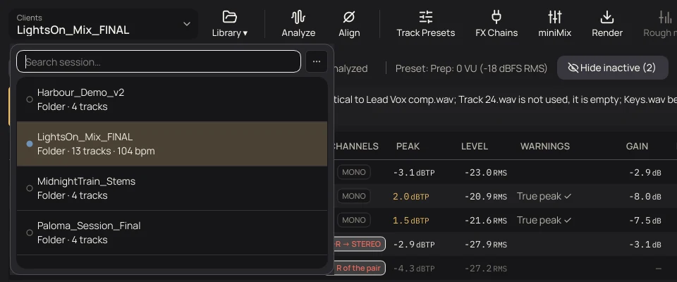 The session list open over the main window: a search box and four sessions, each with a dot, folder or archive, number of tracks and tempo